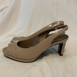 Taupe patton leather, high heeled slingback shoe